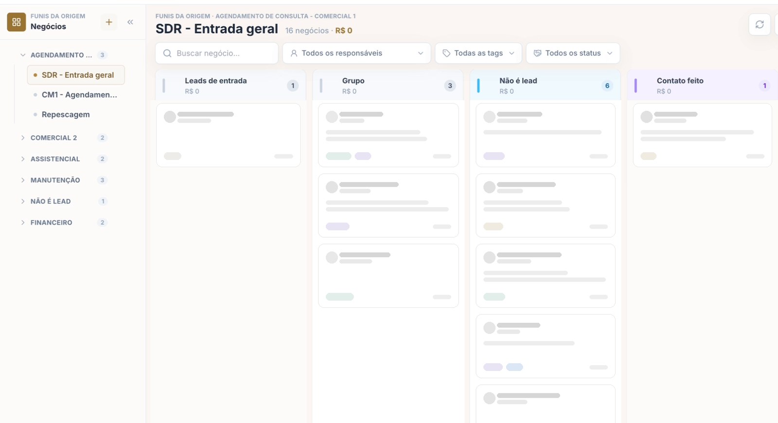 Quadro de negócios do PhleboFlow com o funil SDR - Entrada geral organizado em etapas de atendimento